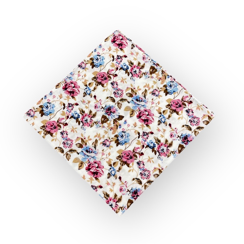 White w/ Berry Pink Floral Pocket Square